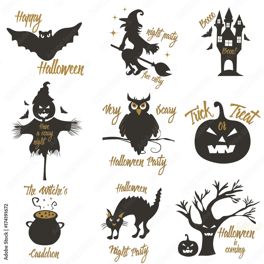 Set of Halloween party concept and design elements. Concept for print, shirt, stamp, badge