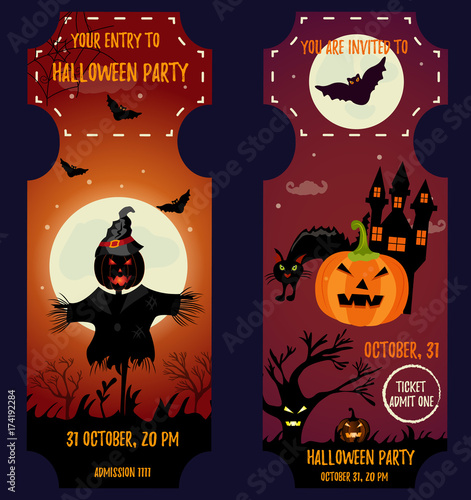 Ticket Halloween Party. Invitation template. Halloween background with creepy house, moon, scarecrow, scare pumpkin, cat and bats