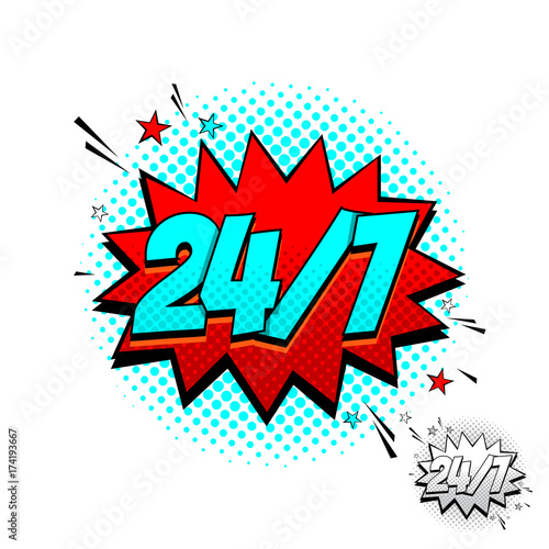 Open 24/7 Hours Red Comic Speech Bubble. Dynamic cartoon symbol isolated on white background. Vector Illustration in Pop Art Style.