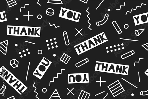Seamless pattern for Thanksgiving Day. Seamless graphic pattern 90s trendy style on black background with text Thank You. Colorful pattern with different shapes objects for wrapping paper. Vector