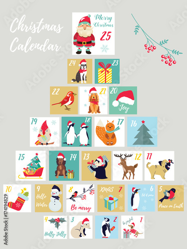 Christmas advent calendar. Winter holidays poster with cute animals and symbols