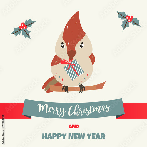 Holiday greeting card with cute robin bird