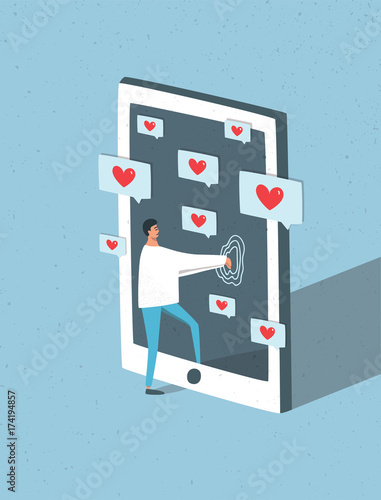 Male cartoon character trying to enter giant smartphone with notifications on screen while sleeping. Concept of addiction to likes or person addicted to social media services. Vector illustration.