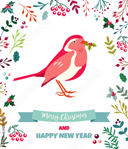 Holiday greeting card with cute robin bird