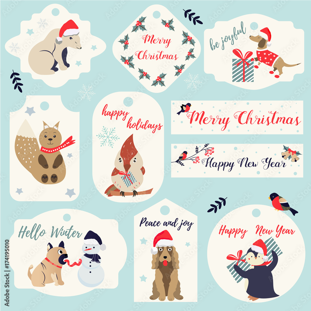 Set of Christmas, New Year holiday tags and badges