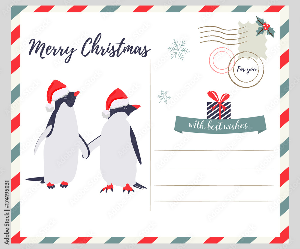 Obraz premium Christmas, New Year greeting card with penguins