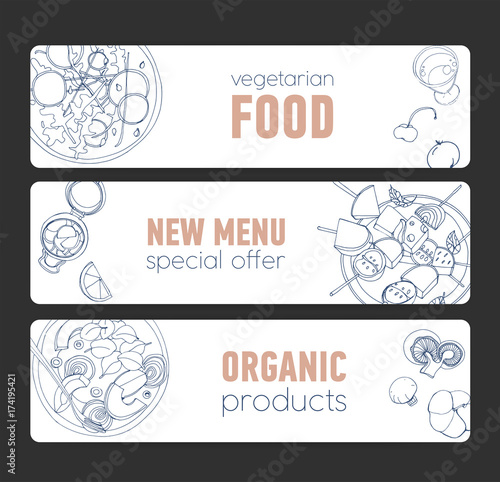 Collection of horizontal banner templates with organic vegetarian dishes hand...