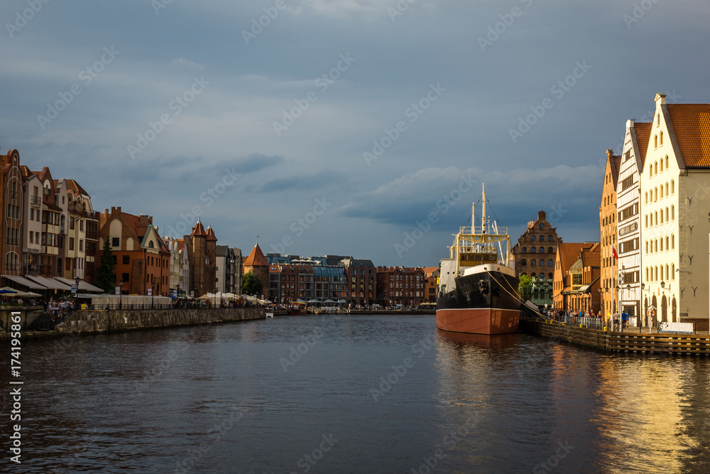 Museum ship Soldek and Motlawa river on the old town in Gdansk, Pomorze, Poland