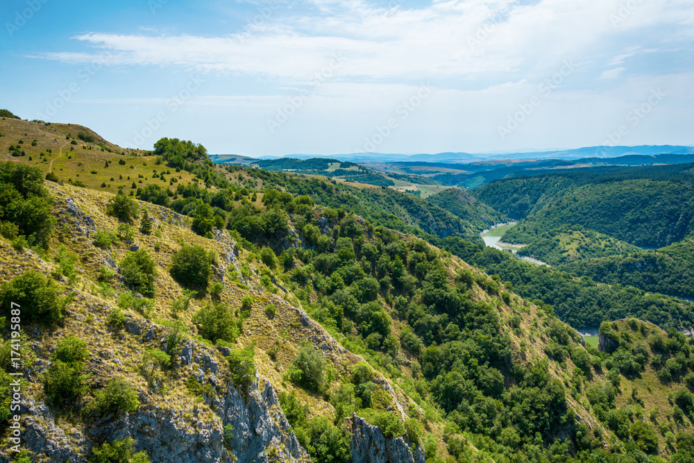 Uvac, Serbia august 03, 2017: Landscape around river Uvac gorge at sunny summer morning