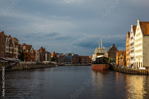 Museum ship Soldek and Motlawa river on the old town in Gdansk, Pomorze, Poland