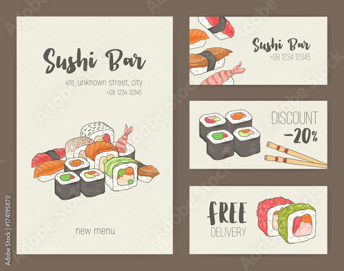 Collection of colorful flyer templates with Japanese sushi and rolls. Special dining offers, discounts and deals. Vector illustration for Asian restaurant or food delivery service advertisement.