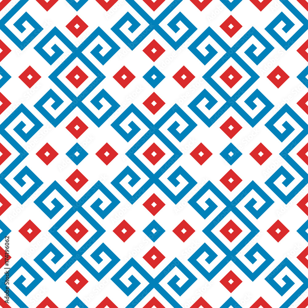 Blue meander ornament with red squares. Seamless pattern Blue meander ornament with red squares. Seamless pattern