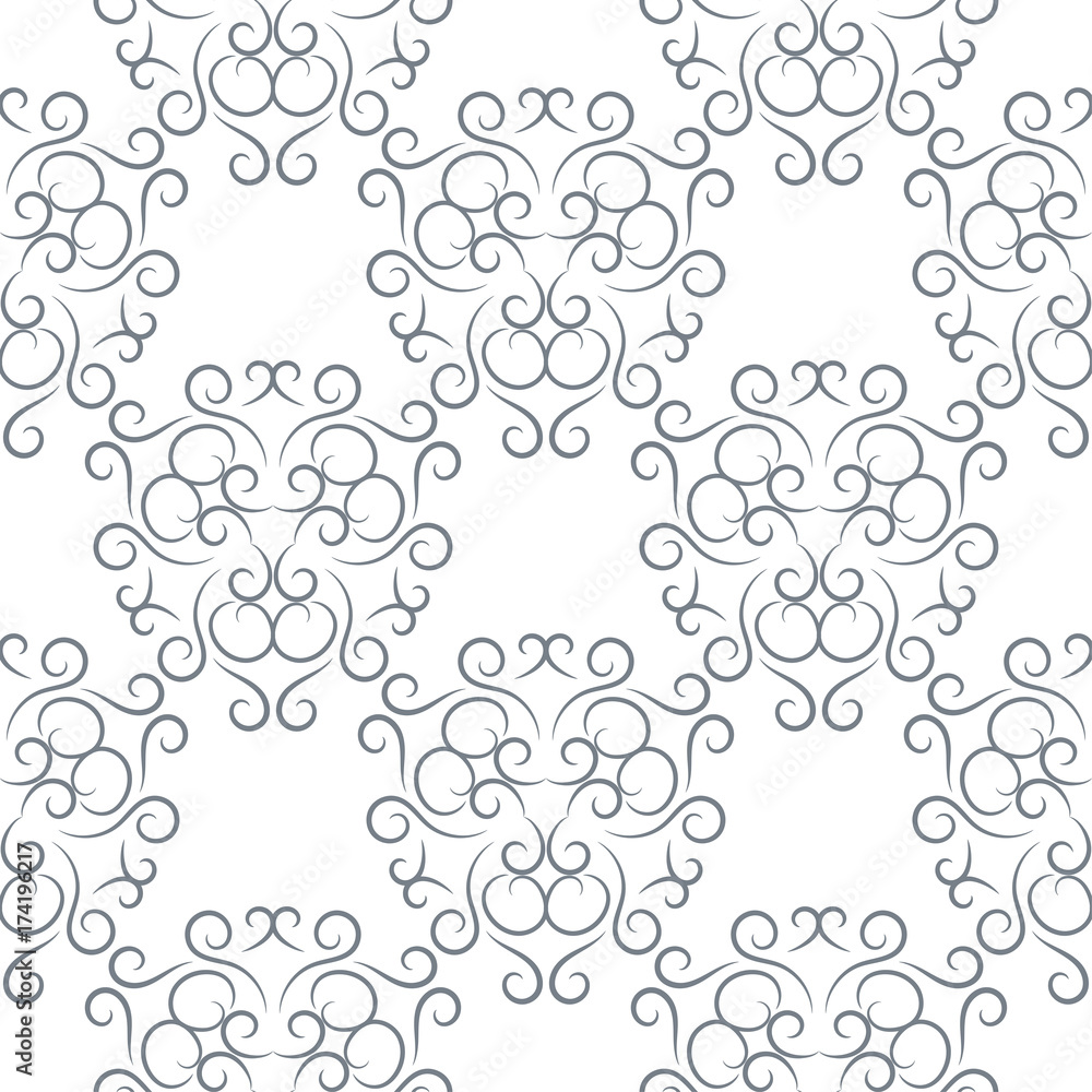 Classic baroque ornaments. Gray seamless pattern on white background Classic baroque ornaments. Gray seamless pattern on white background