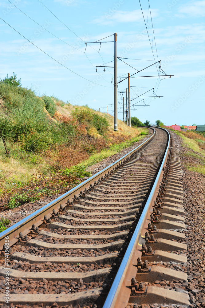 Railway station with railroad. Railway junction.Industrial concept background. Railroad travel, railway tourism.