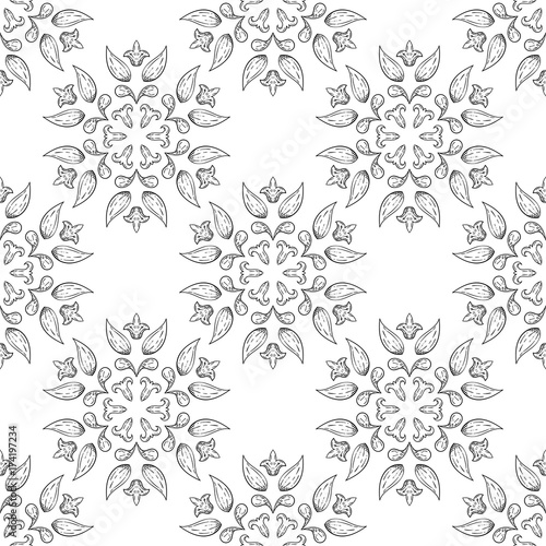 Classic black floral ornaments on white background. Seamless pattern