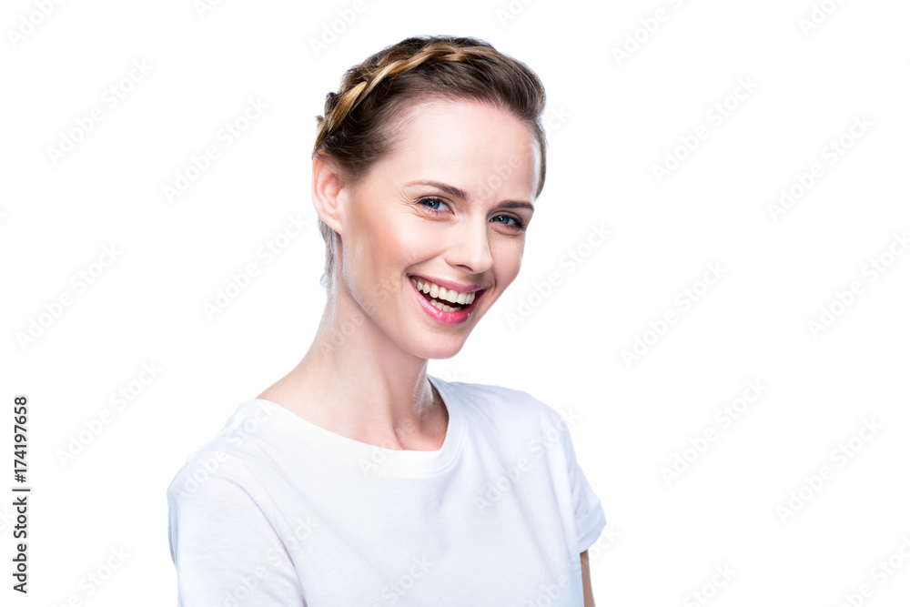 smiling woman in white t-shirt smiling woman in white t-shirt