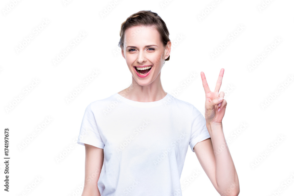 woman with victory sign woman with victory sign