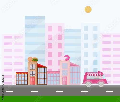 Fototapeta Naklejka Na Ścianę i Meble -  Fast food and donuts buildings town view pink colors Vector