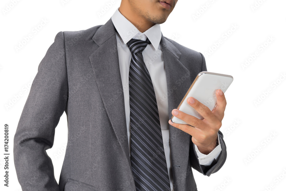 businessman working with smartphone on white background businessman working with smartphone on white background