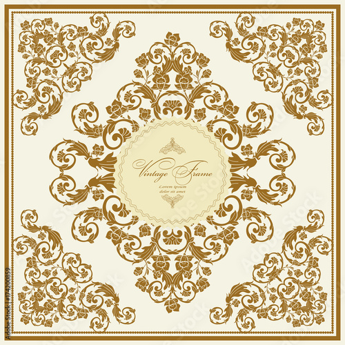 Vintage  luxury greeting card. Vector ornate gold border. Template for design.