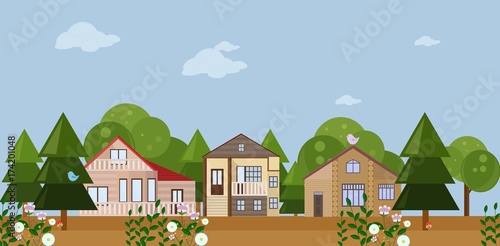 Forrest wood houses facades Vector background