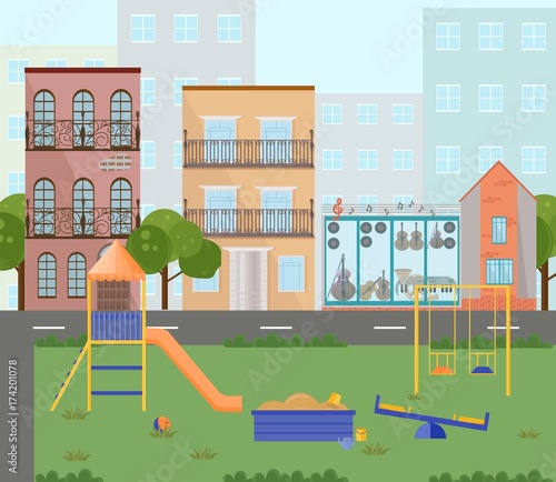 Orange Playground kindergarten city buildings views. Vector flat styles