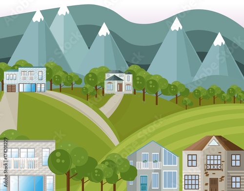 Mountains village houses Vector background