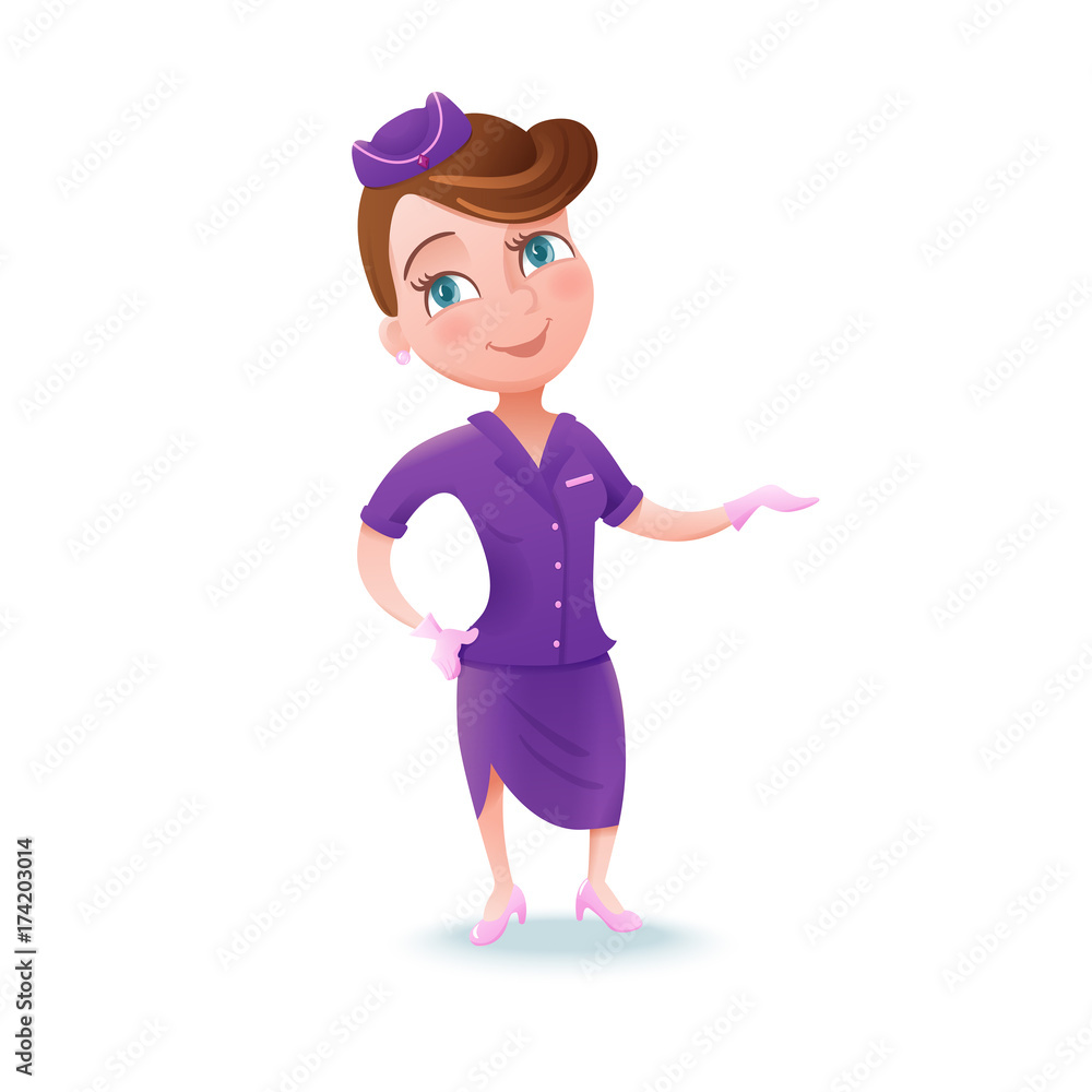 Stewardess cartoon character, airline crew member, cute girl in violet uniform, vector illustration Stewardess cartoon character, airline crew member, cute girl in violet uniform, vector illustration