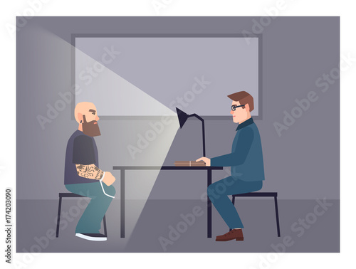 Suspect illuminated by table lamp sitting at desk in front of cop asking him questions. Interrogation process, examination procedure at police station. Flat cartoon characters. Vector illustration.