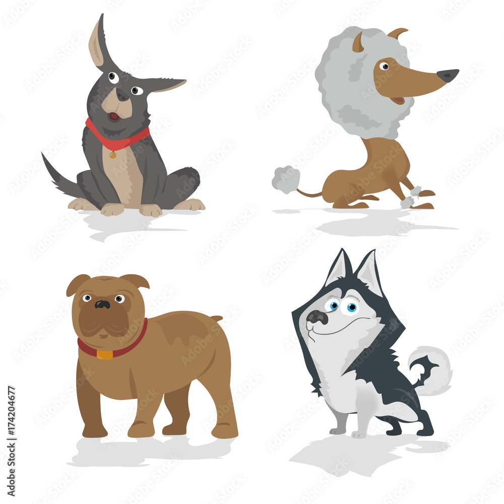 Funny cartoon dogs characters different breads doggy puppy illustration.