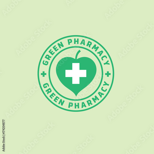 Green pharmacy. Medicines from plants. Green leaf and a cross with inscriptions in the circle.