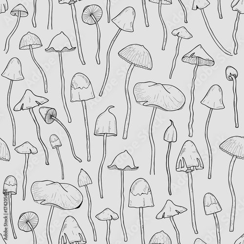 Seamless pattern with Psilocybin or hallucinogenic magic mushrooms hand drawn with contour lines on gray background. Modern vector illustration in monochrome colors for textile print, backdrop.