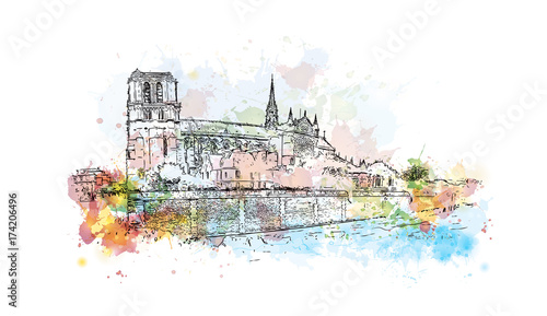 Watercolor sketch of Notre-Dame de Paris France in vector illustration.