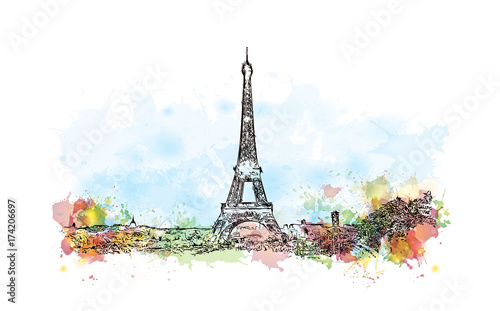 Watercolor sketch of Eiffel Tower Paris France in vector illustration.