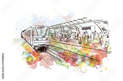 Watercolor sketch of Paris Metro rail France in vector illustration.