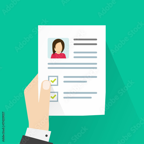 Personal information on paper sheet vector illustration, idea of cv or curriculum vitae document in hand, person reviewing resume, interview concept, profile data
