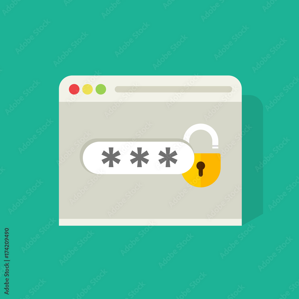Password field with open lock in browser widow vector illustration, flat carton style log in or sign in icon Password field with open lock in browser widow vector illustration, flat carton style log in or sign in icon
