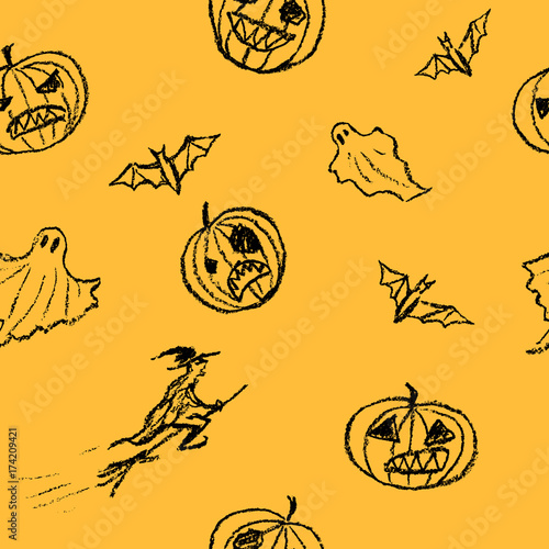 Halloween seamless pattern background with spooky witch, pumpkin, bat, ghost. Crayon, chalk pastel or pencil hand drawn simply grunge horror orange texture.