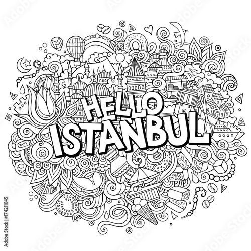 Cartoon cute doodles hand drawn Hello Istanbul inscription