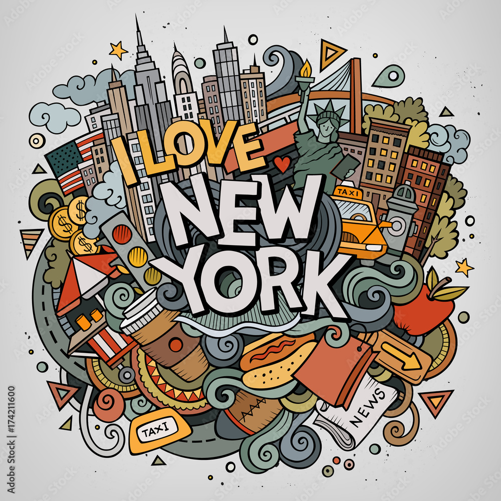 Cartoon cute doodles hand drawn I Love New York inscription