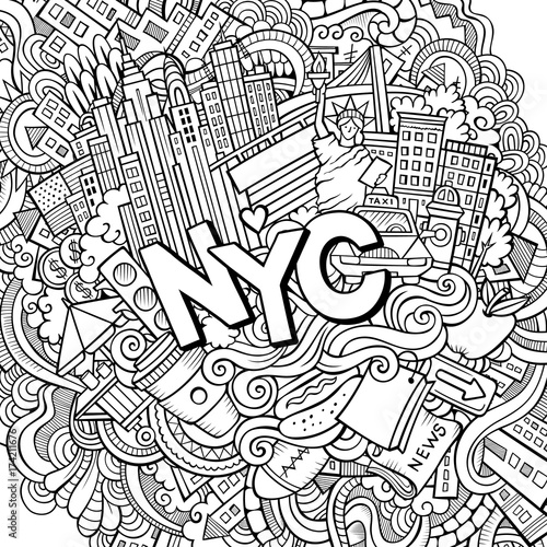 Cartoon cute doodles hand drawn NYC illustration