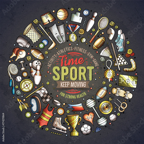 Vector hand drawn set of Sport cartoon doodle objects