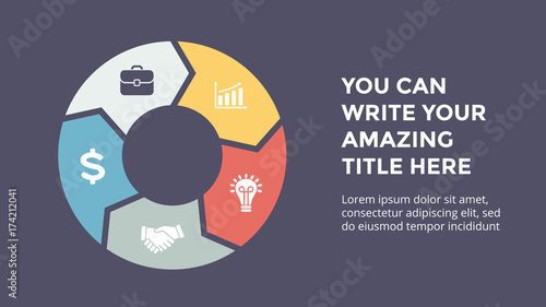 Vector circle arrows infographic, cycle diagram, graph, presentation chart. Business concept with 5 options, parts, steps, processes. 16x9 dark slide template.
