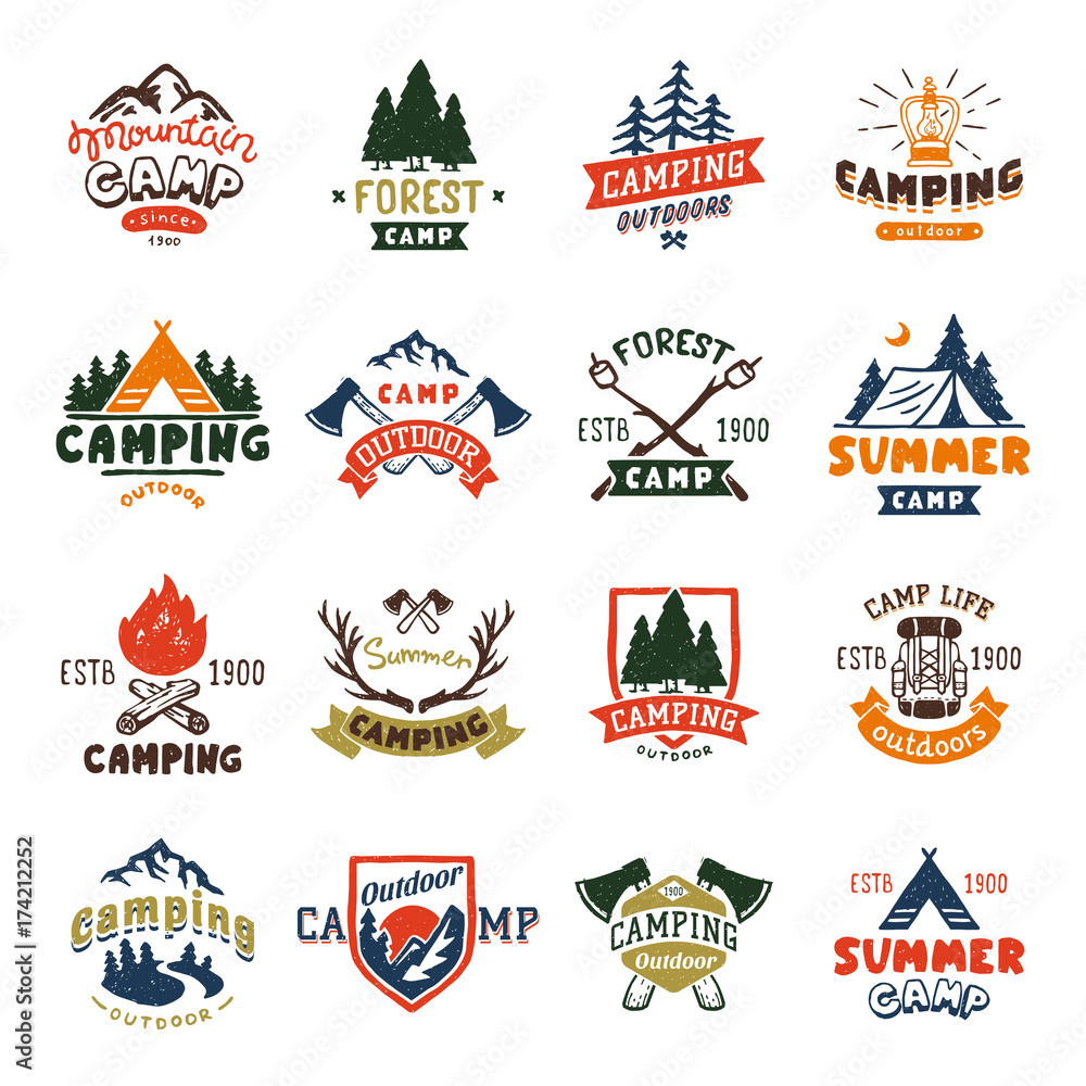 Camping logo badges and travel template hand drawn emblems vector illustration.