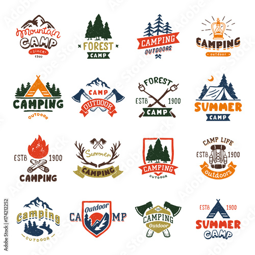 Camping logo badges and travel template hand drawn emblems vector illustration.