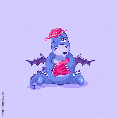 Vector Stock Illustration isolated Emoji character cartoon sleepy dragon dinosaur in nightcap with pillow sticker emoticon