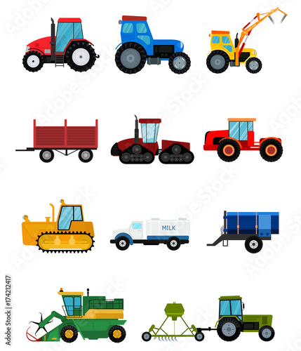Agriculture industrial farm equipment harvest machine tractors combines and machinery excavators vector illustration.