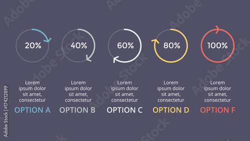 Vector circle arrows infographic, cycle percents diagram, status graph, presentation chart. Business concept with 5 options, parts, steps, processes. 16x9 slide dark template.