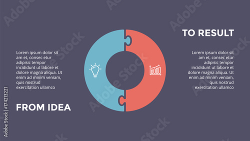 Vector circle puzzle infographic, cycle diagram, graph, presentation chart. Business concept with 2 options, parts, steps, processes. From idea to result. 16x9 dark slide template.