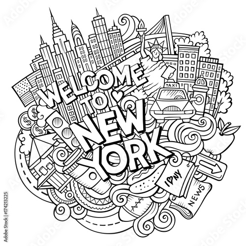 Cartoon cute doodles hand drawn Welcome to New York inscription